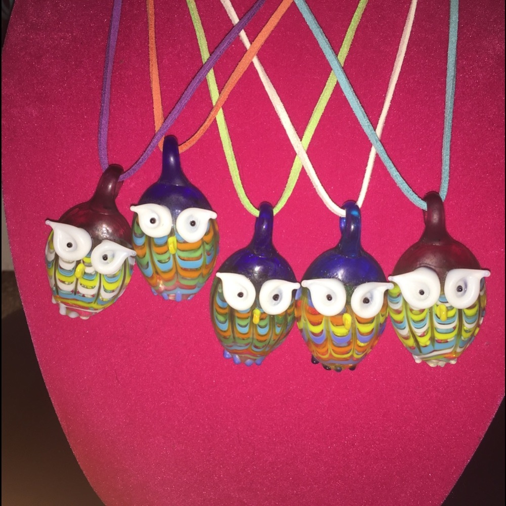 glass owl necklace leather new handmade
